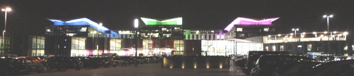 King's Mill Hospital lit pink at night